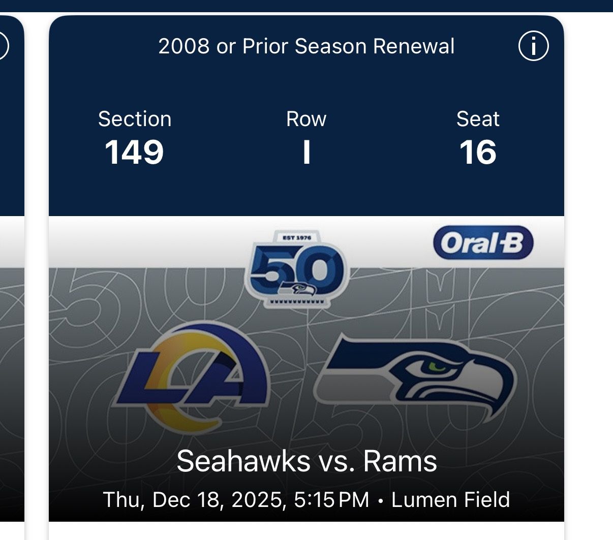 2 Tickets Seahawks vs Rams - Section 149 North Endzone