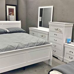 4 PCS QUEEN BEDROOM SET: QUEEN BED FRAME, NIGHTSTAND, DRESSER, MIRROR