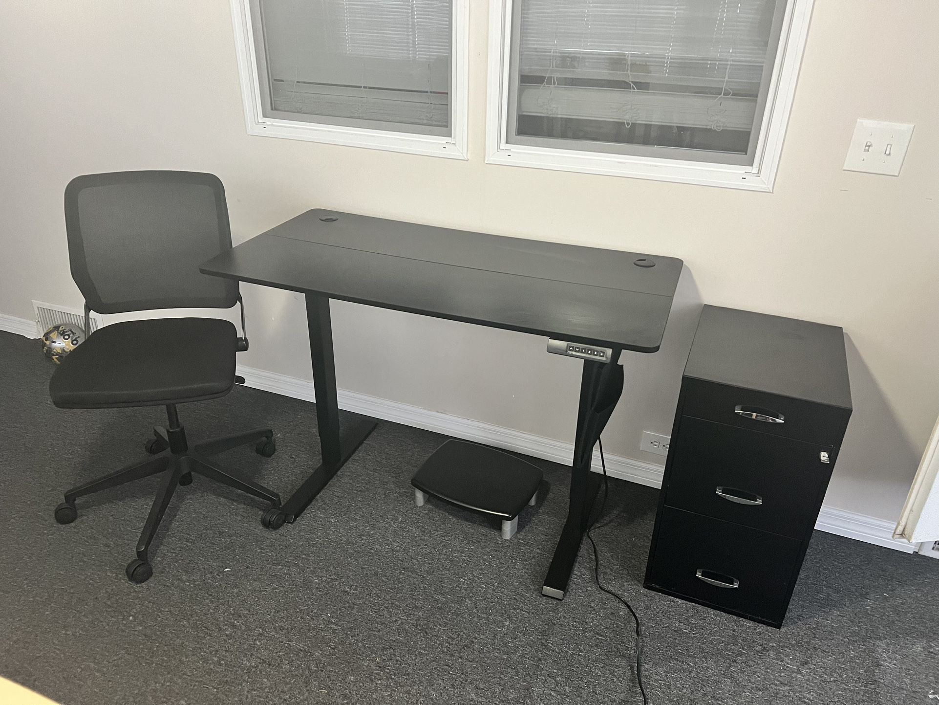 Stand Up Electric Desk With Chair And File Cabinet With Key