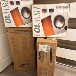 Brand new Jamo by klipsch 7.2 home theater system, 2x Polk audio subwoofers