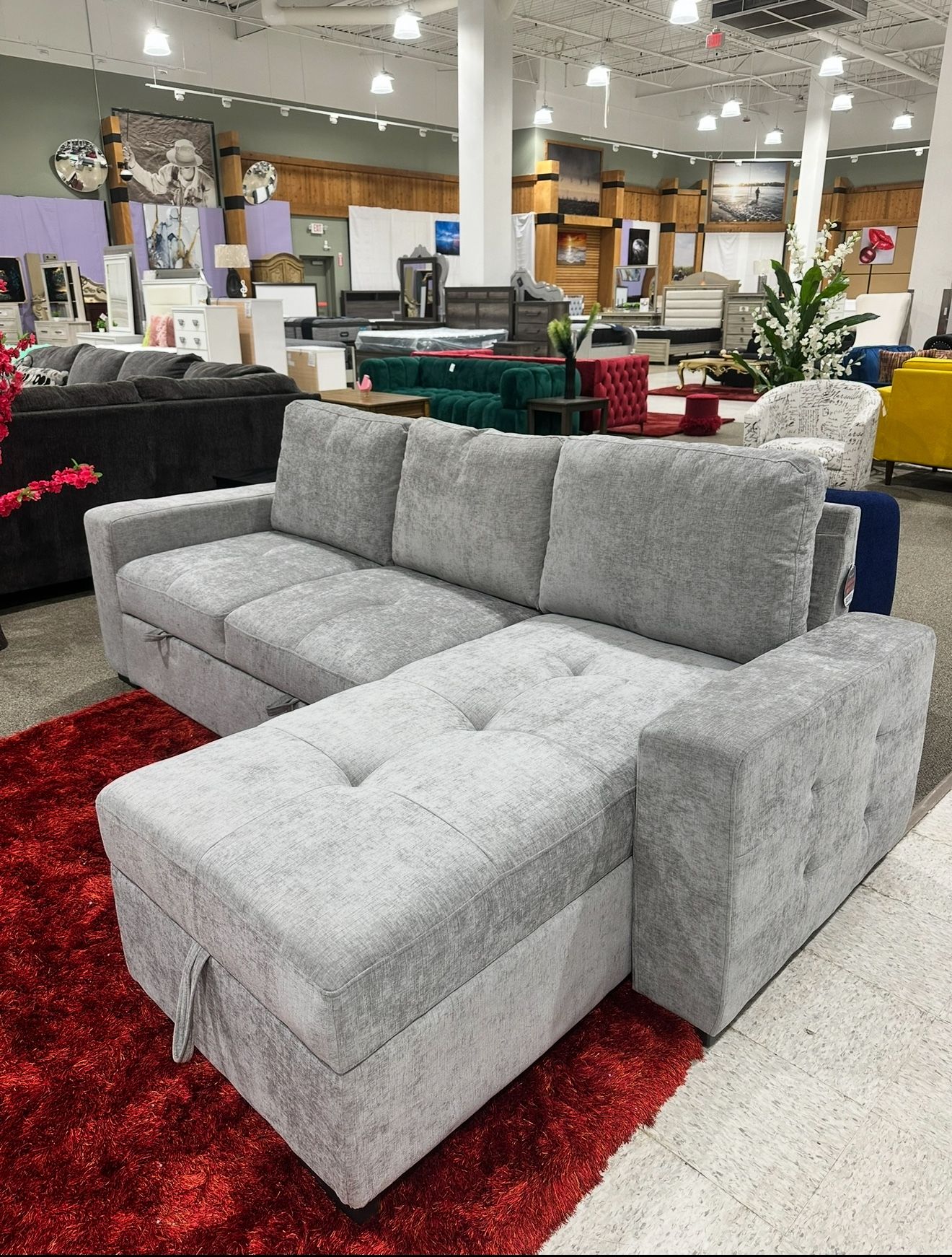 Like New Gray L-Shaped Couch With Storage, Cupholders, and Turns Into a Bed