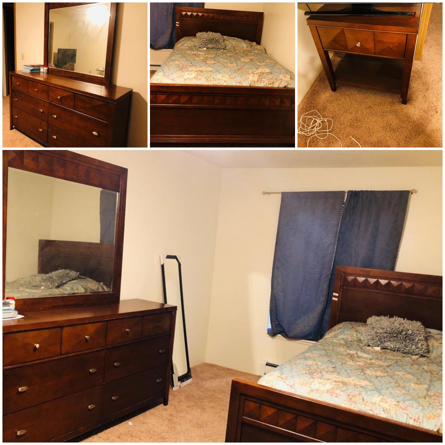 5 sets. Bed, dresser, Lamp stand,mirror, mattress and box