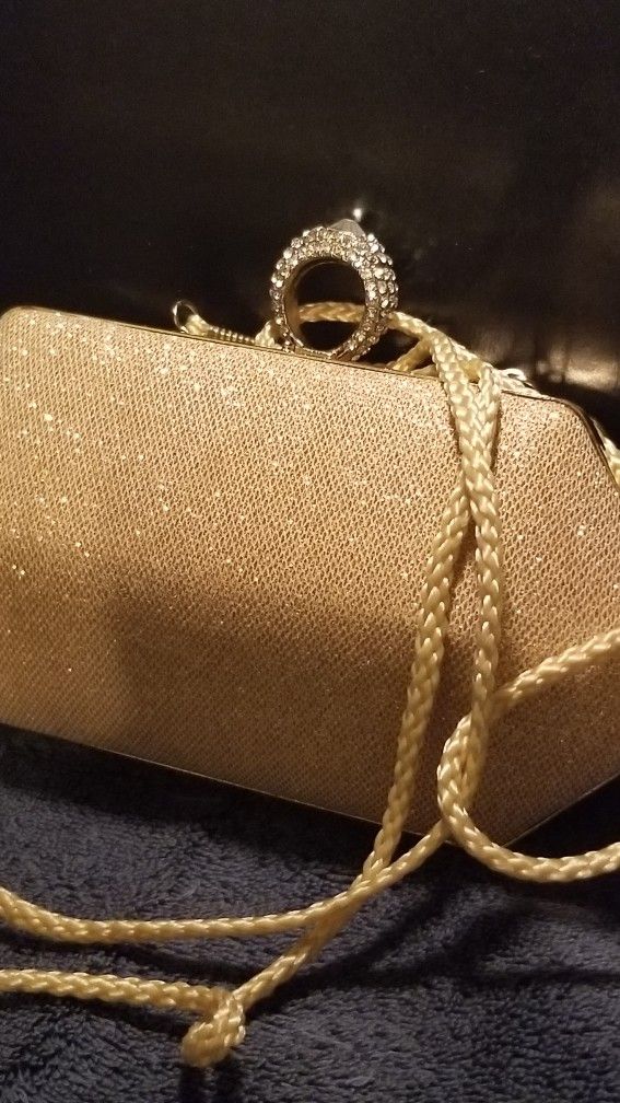 Charming Charlie RSVP Gold Evening/Clutch/Purse/Bag/Handbag with Diamond Ring Clasp.