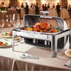 VEVOR Roll Top Chafing Dish Buffet Complete Set, 9 qt. 1-Pack Stainless Steel Chafer with 2-Half Size Pans=PA-255