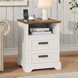 Farmhouse Nightstand with Charging Station, White