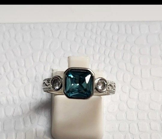 Silver CZ and London Blue Topaz Ring Size 8