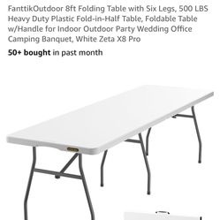 8ft Folding Table with Six Legs, 500 LBS Heavy Duty Plastic Fold-in-Half Table, Foldable Table w/Handle for Indoor Outdoor Party Wedding Office Campin