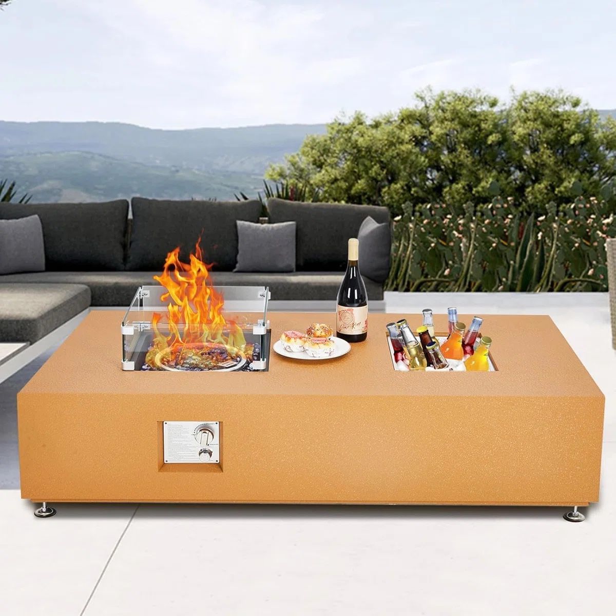 NEW Propane Fire Pit Table W/ Wind Guard & Glass Beads, 50000BTU Fire Table W/ Rain Cover & Ice Bucket !