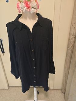 Black Long Sleeve Button-Down Shirt with Roll-Tab Sleeves