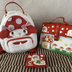 My Melody Hello Kitty Sanrio Limited Edition Loungefly 2023 Mushroom Purse Set