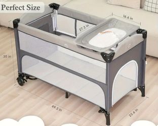 4-in-1 Portable Travel Crib / Playard with Bassinet & Changing Table - Gray