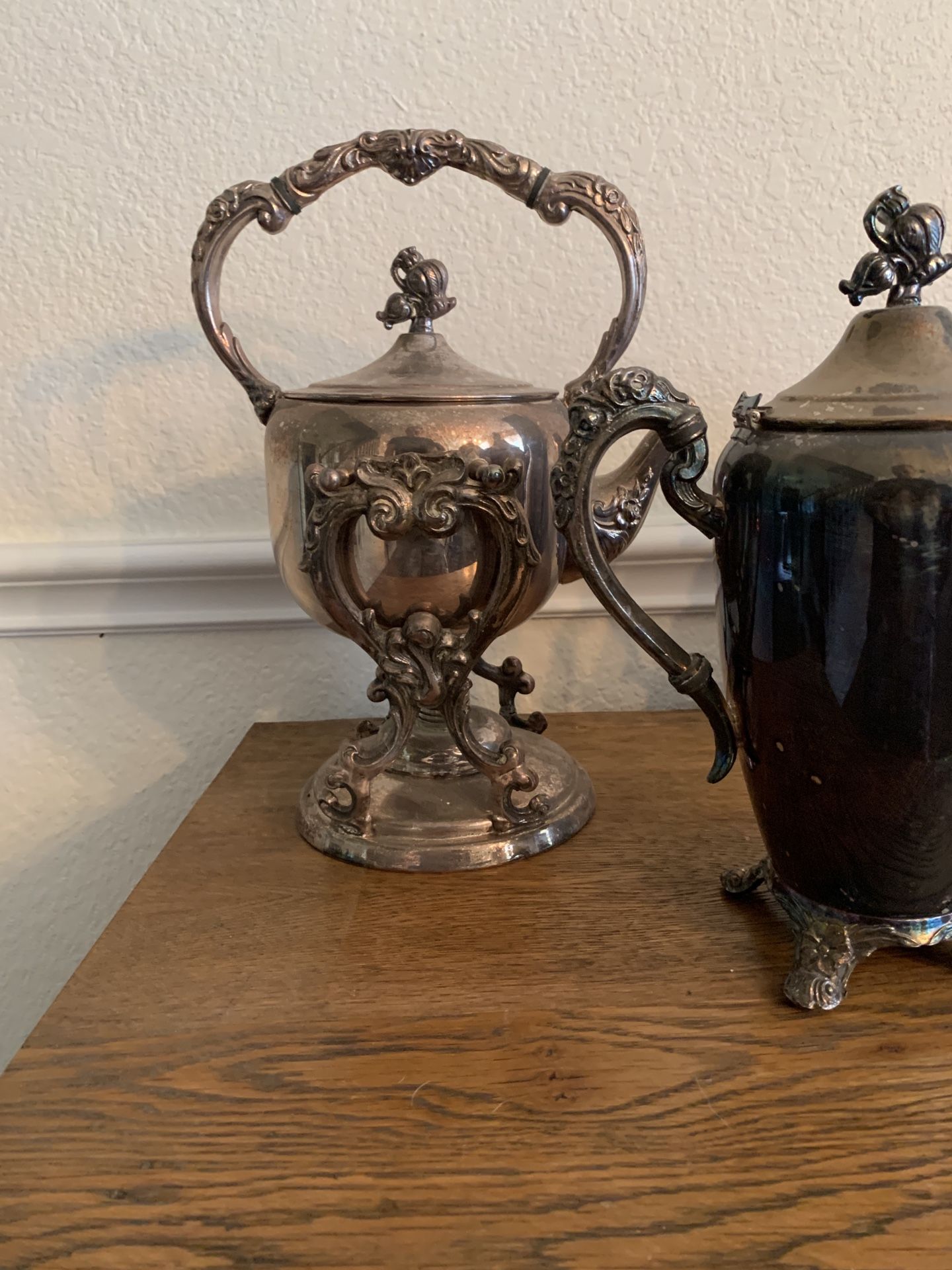 Silver service set pieces $15 each tea pots, pitchers, sugar & creamer set
