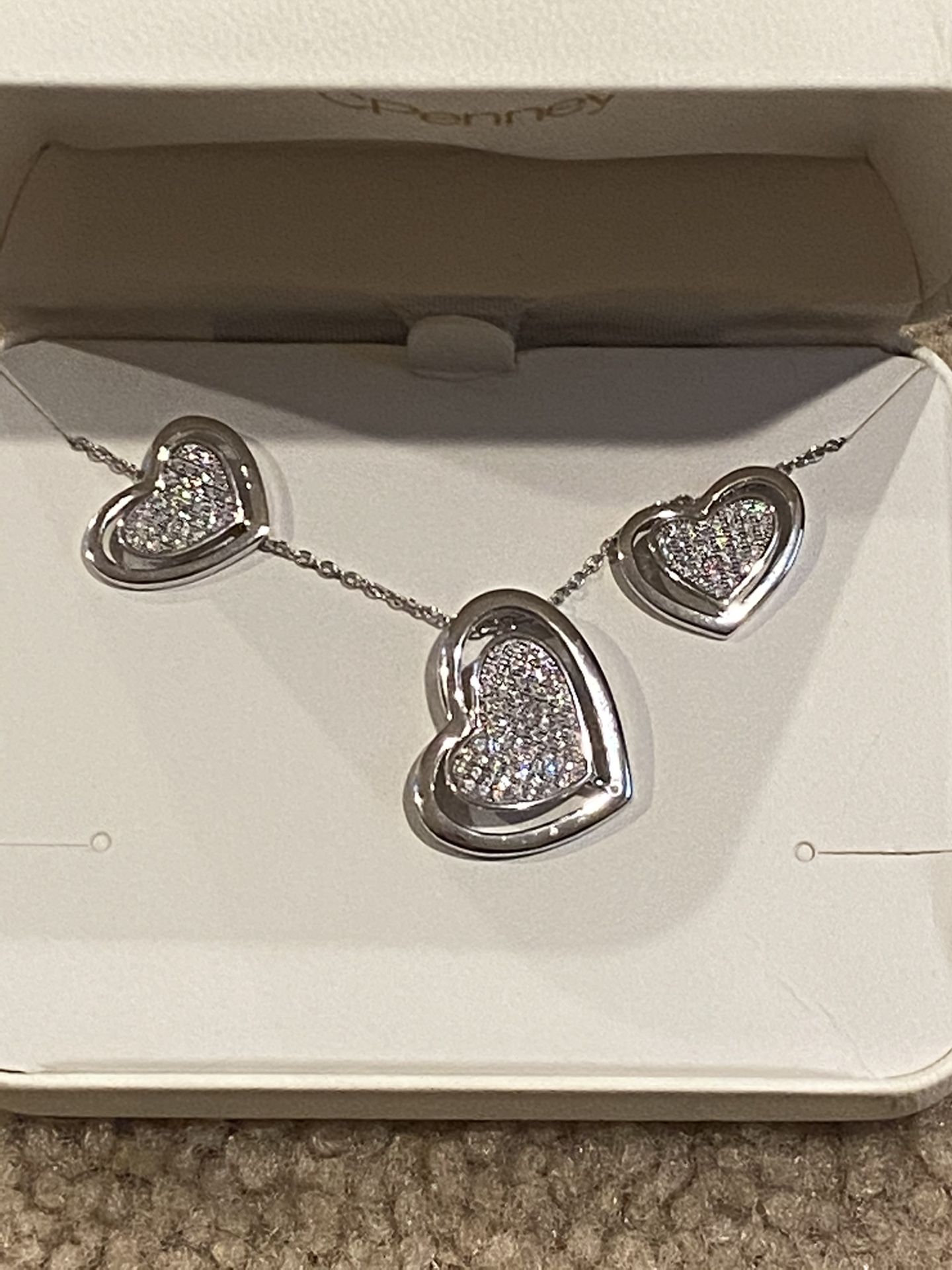 .925 Silver Heart Necklace & Earrings Set with Crystals NIB