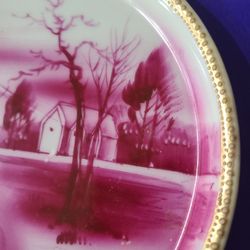 Vintage Nippon Gold Guilded mountain Hand Painted  Plate magenta Japan volcano,