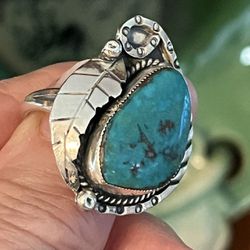 Vintage Sterling & Turquoise Squash Blossom Ring  7sz