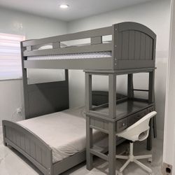Kids Bunk Bed w/ Desk, Chair & Mattresses – All-in-One Setup!