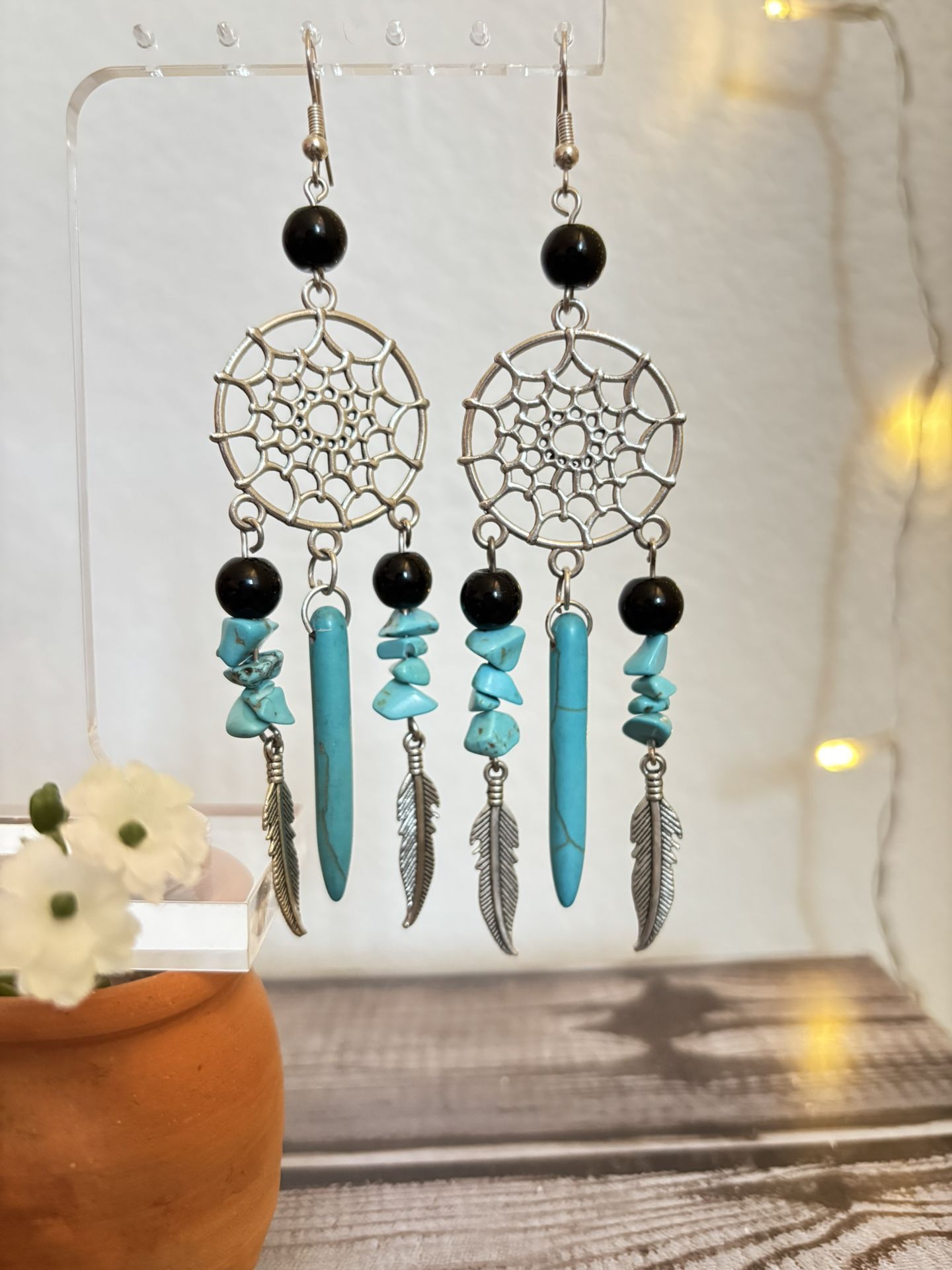 Dream catcher Turquoise And Black Obsidian Quartz Earrings 