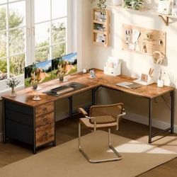 New -63 Inch L Shaped Corner Computer Desk with Power Outlets and Storage Drawers