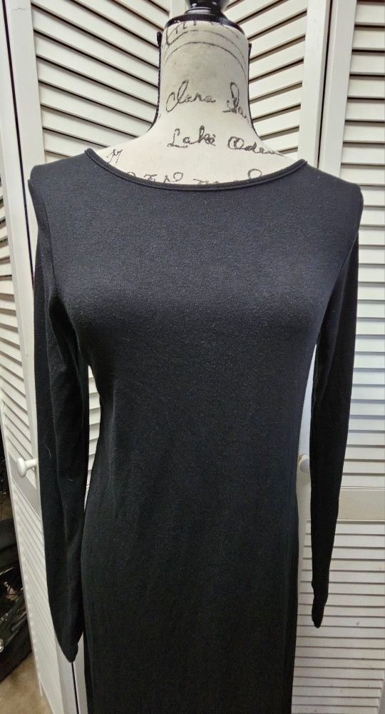 Black long sleeve to the floor length dress. All business in the front and drop dead sexy in the back