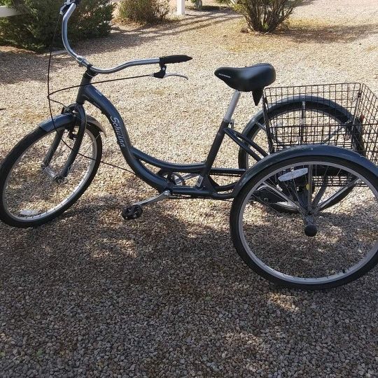 schwinn bicycle 3 wheels Meridian Adult Tricycle 24In Real wood deck with burned Schwinn Meridian Deluxe Adult Tricycle