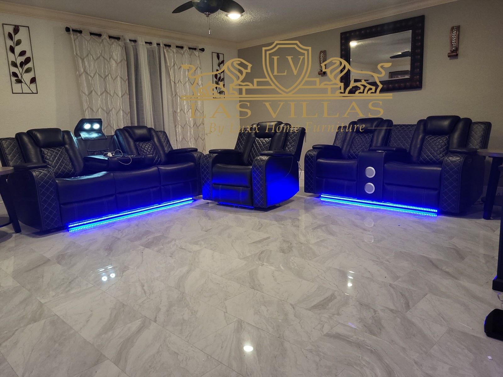 Brand New Luz Black - 3PC Reclining Set Sofa Drop Down w/ 2 Charging Pads + Reading Light Bluetooth Speaker in Loveseat LED Lights under Sofa & lovese