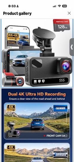 4K+4K Dual Dash Cam Front and Rear, Free 128GB Card, Starlight Night Vision Dual-Channel Recording, 5.8GHz WiFi, 20MB/s Download Speed, GPS, 3" IPS Sc