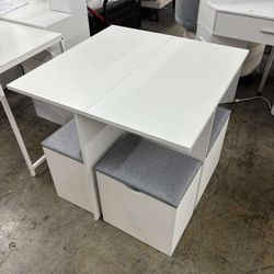 5-Piece Dining Table Set, Small Kitchen Table Set with 4 Stools Compact Space-Saving for Dining Room Kitchen Modern (White and Grey)