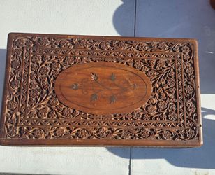 Carved Wooden Box with Inlaid Leaf Motif