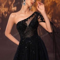 YISIKADO Women's Formal Banquet Evening Dress, Hand-Beaded Floral Applique Pleated Multi- Layer Tulle One Shoulder Dress
