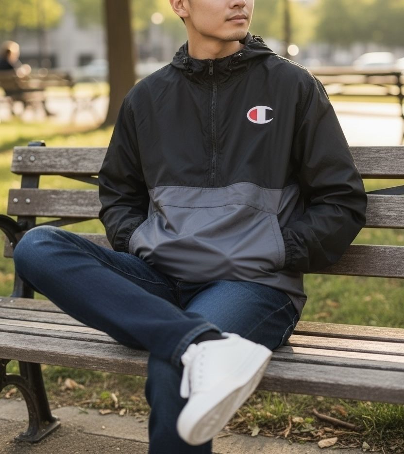 Champion Men’s Windbreaker Jacket Black & Gray (Size 1XL)  