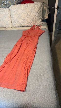 Coral Maxi Dress with Gold Neckline Detail