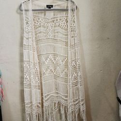 Boho Crochet French Cardigan Long Vest Sleeveless Size Large With Tassels Excellent Condition