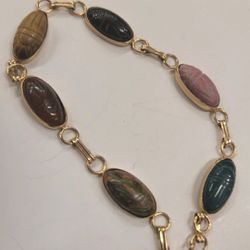 Vintage 14K Gold Ladies Multicolred Stone Scarab Bracelet 