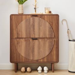 Modern Shoe Storage Cabinet for Entryway, Narrow Shoe Organizer Cabinet, 2-Tier Flip Down Drawers, Small Freestanding Hidden Wood Slim Shoe Rack,Round