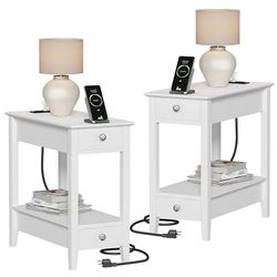 End Tables Living Room Set of 2, Narrow Side Table with Charging Station, White Sofa Bedside Table for Small Spaces, Living Room, Bedroom