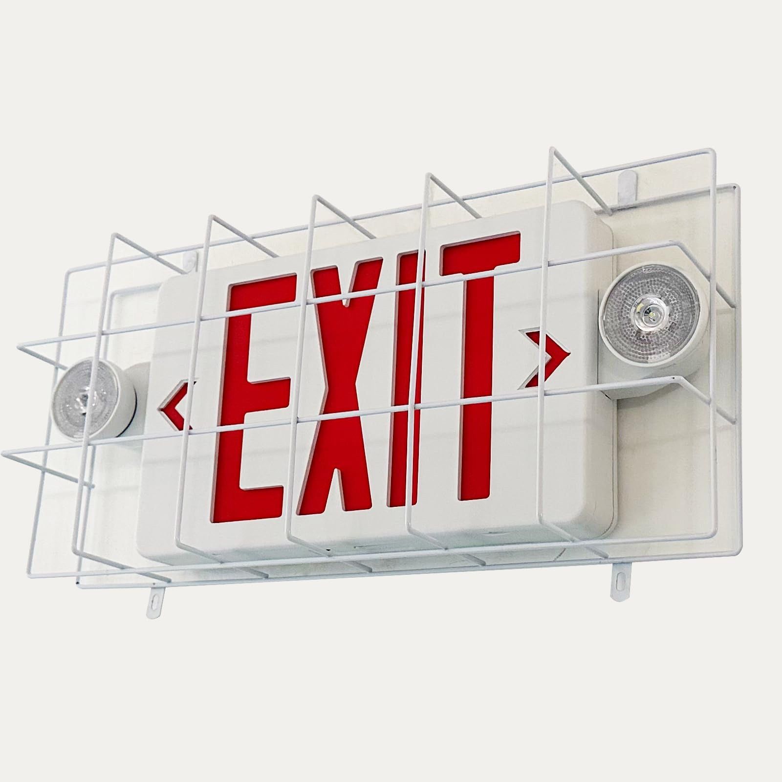 TANLUX Exit Sign Combo With Wire Cage, Round Light Head, Wall Mounted Emergency Exit Light With Protective Wire Guard, Red Exit Sign With Emergency Li