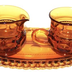 Vintage Indiana Glass Amber Kings Crown Thumbprint Creamer & Sugar Bowl w/ Tray