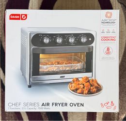 Dash Chef Series Stainless Steel 7-in-1 Air Fryer Oven with Non-Stick Fry Basket, Baking Pan & Rack