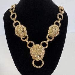 KJL Lion Door Knocker Necklace Boxed Red Pouch 22" 101g Vintage Statement Piece