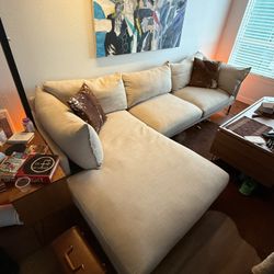 Light Grey/ Cream Colored Burlap Style Fabric Sectional