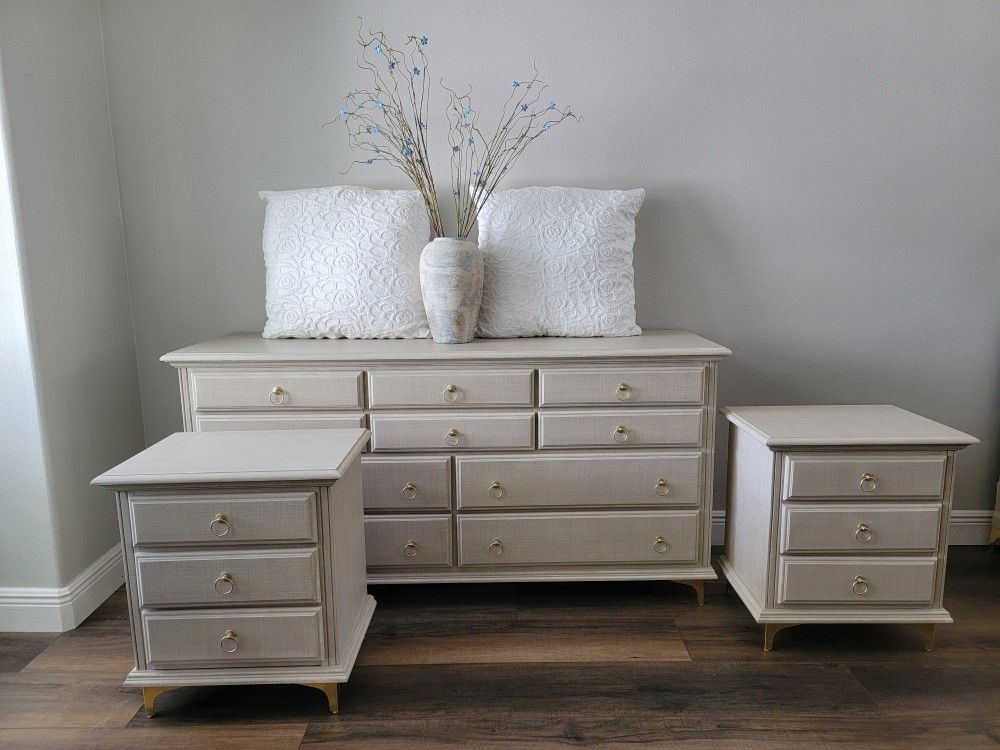 Vintage 3pc American Drew Bedroom Set- Solid Wood - Beige Faux Linen - Dresser & 2 Nightstands.