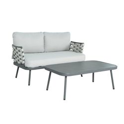 Loveseat and Table, Outdoor Steel Furniture for Patio Garden, Gray
