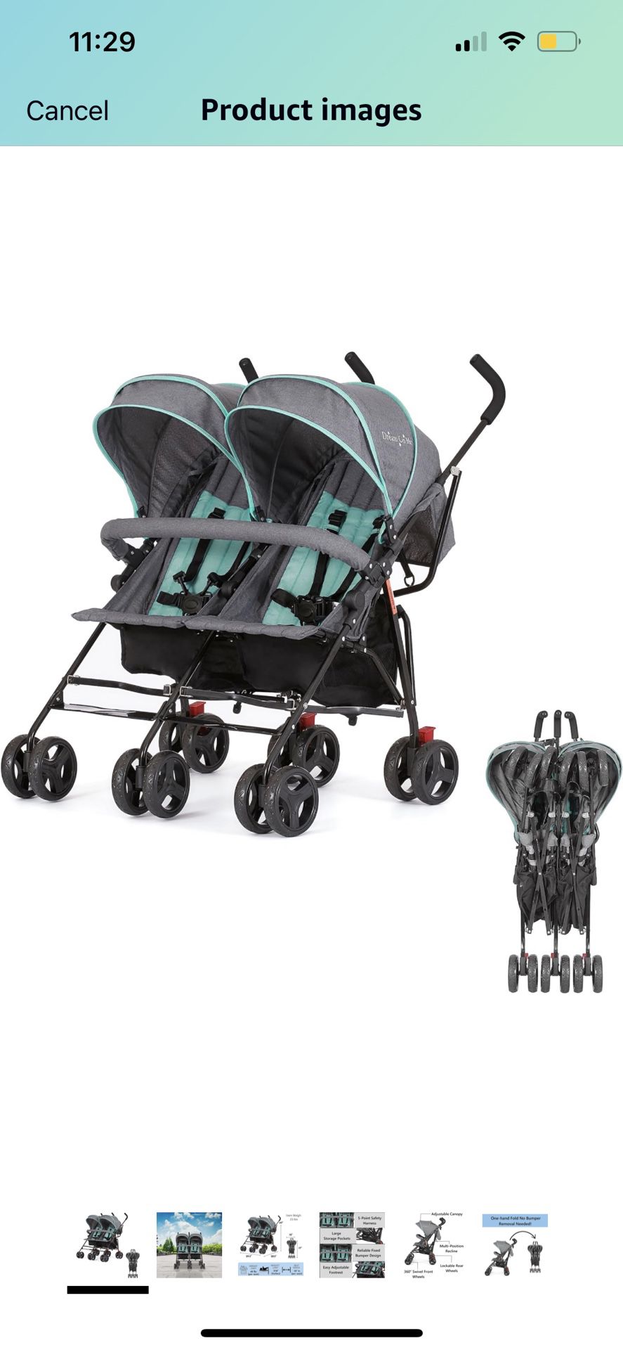 Twin Umbrella Stroller in Mint, Lightweight Double Stroller for Infant & Toddler, Compact Easy Fold, Large Storage Basket, Large and Adjustable Canopy
