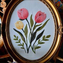 Framed Tulip Floral Embroidery Fabric Wall Art, Medium, Oval Frame 18.5"×15"