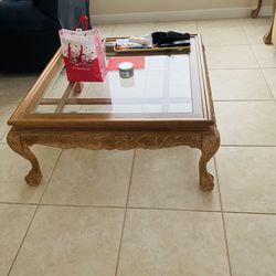 (2) wood and glass end tables and matching coffee table