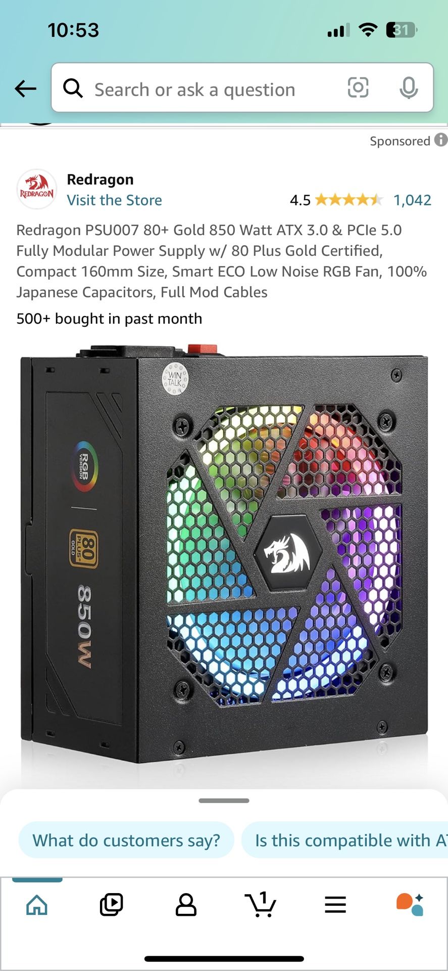 Redragon PSU007 80+ Gold 850 Watt ATX 3.0 & PCIe 5.0 Fully Modular Power Supply w/ 80 Plus Gold Certified, Compact 160mm Size, Smart ECO Low Noise RGB