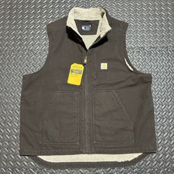 Carhartt Sherpa Lined Vest Duck Brown Canvas Workwear Utility Mens Large NEW
