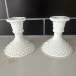 Westmoreland English Hobnail Candlesticks, Pair Milk Glass, 4" Tall, Vintage