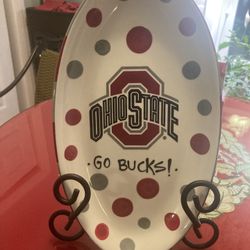 White Ceramic Oval Shaped OSU Platter With Stand.  ** READ BELOW (Johnstown Ohio)