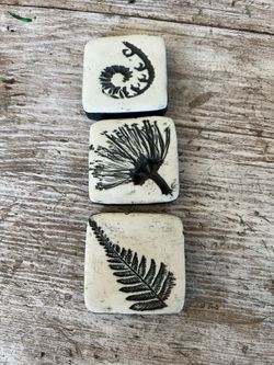 Vintage Handmade Artisan Stoneware Mini Tiles Ferns